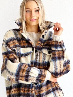 English Factory Oversized Brushed Plaid Shacket Wool Blend Orange Multi